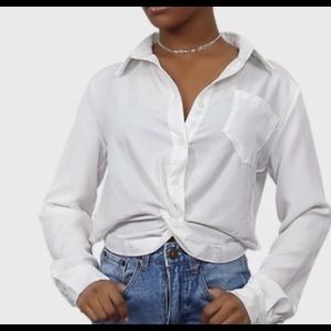 Knot-top cropped white blouse
